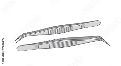 Pair of metal tweezers with straight and curved tips for precision medical laboratory crafting or electronic repair work.