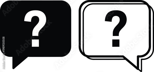 Two stylized speech bubbles contain large black question marks on white.