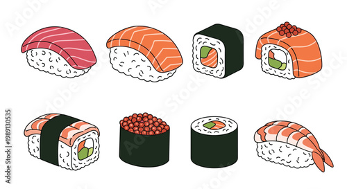 Delicious assortment of various sushi types including nigiri and rolls for japanese cuisine restaurant menu or catering.