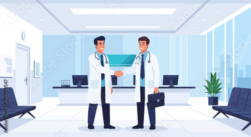 Doctors shaking hands in office.