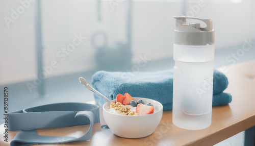 Fitness equipment and healthy snacks on a wooden gym table indoors