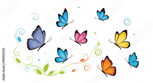 Beautiful collection of colorful butterflies flying among decorative floral swirls for nature art and creative design projects.