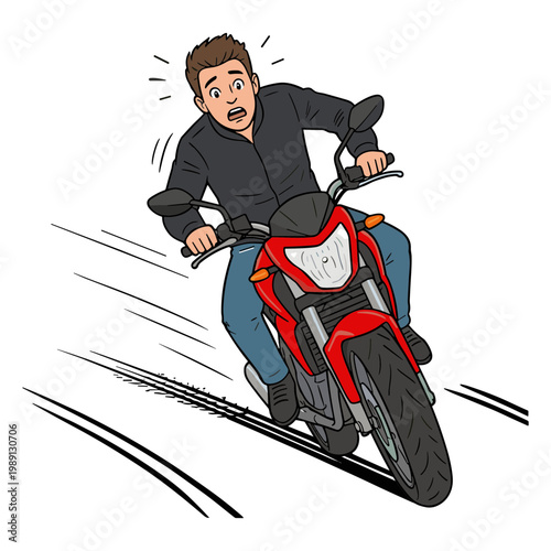 Man riding motorcycle quickly on road with motion lines around him