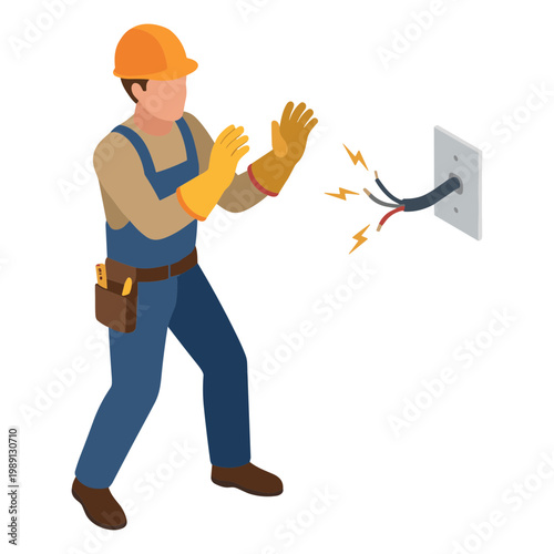 Electrician wearing gloves gets shocked by a malfunctioning electrical outlet