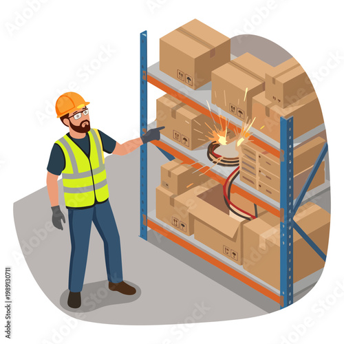 A worker in a warehouse points at a shelf with boxes on fire.