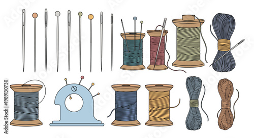 Detailed set of sewing and tailoring tools including needles pins and colorful thread spools for various craft projects.
