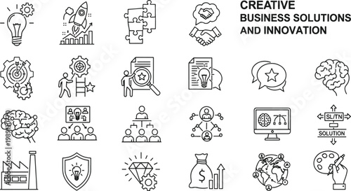 Illustrations depicting various aspects of creative business solutions and innovation