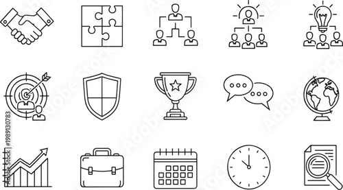 Collection of diverse icons representing business, collaboration, and productivity concepts
