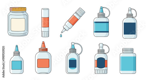 Comprehensive set of different glue types including sticks bottles and tubes for school office and creative craft projects.