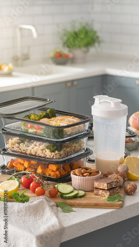 Healthy food containers on a kitchen counter with fresh vegetables and fruits
