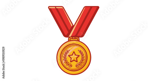 Golden Award Medal with Ribbon, Achievement and Success Symbol