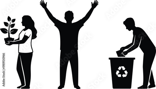 People silhouettes showing environmental care recycling planting tree and celebrating sustainability eco friendly lifestyle concept isolated on white background illustration