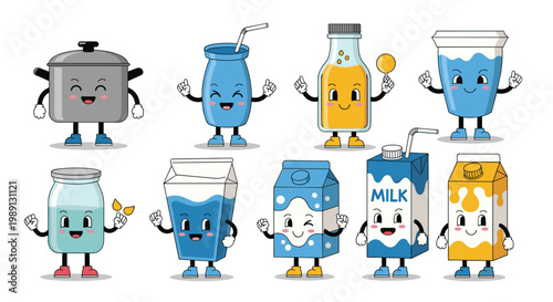 Collection of cute cartoon kitchenware and dairy products including milk cartons, jars, and pots with expressive happy faces on white background.