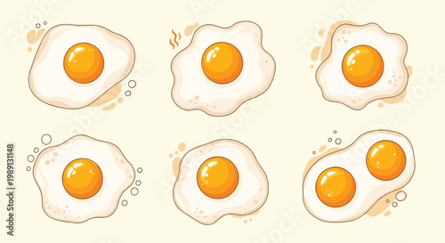 Multiple styles of fried eggs including sunny side up and double yolk options with detailed yolk textures and white edges on a soft background.