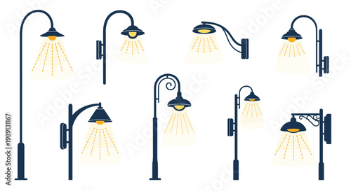 Various designs of street and wall lamps with glowing light beams showing different mounting styles and architectural shapes for urban lighting.