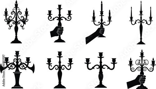 Set of elegant vintage candelabra silhouettes with ornate candle holders gothic style decorative lighting objects isolated on white background