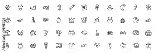 Summer party icon set. Vector illustration pack includes symbols for bikini, snorkel, seahorse, champagne, popsicle, sailboat, cocktail, palm tree, surfboard, watermelon, swimsuit and more.