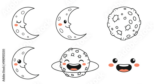 Collection of moon illustrations featuring crescents, full moon with craters, and happy celestial bodies with cute faces and planetary rings.