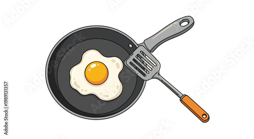 Close up illustration of a perfectly cooked sunny side up fried egg in a black frying pan being lifted by a metal spatula with a wooden handle.