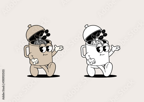 cartoon coffee grinder with smiling faces and open lids on beige background