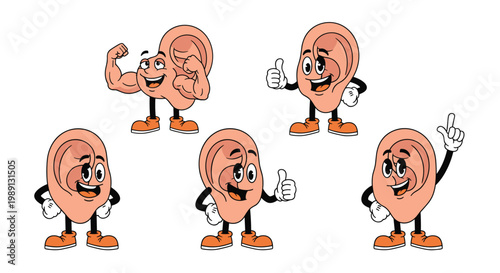 Fun set of human ear characters with happy faces in various poses including showing muscles, giving thumbs up, and pointing up.