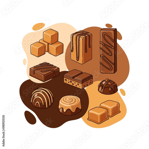 A delightful assortment of assorted chocolates and caramels, presented in a charming, hand-drawn style.