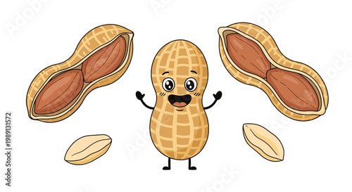 Illustration of a happy peanut character with open arms standing between whole and cracked peanuts in their textured shells.