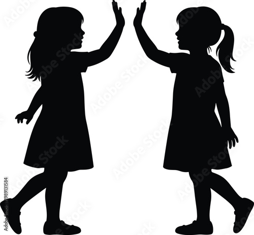 Two little girls silhouettes giving high five gesture friendship childhood happiness playful kids interaction isolated on white background illustration