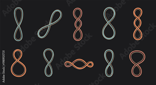 Collection of elegant infinity symbols and twisted figure-eight loops in metallic gold and silver colors on a dark background.
