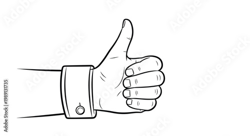 Simple line art drawing of a human hand giving a thumbs up gesture with a visible wrist cuff for positive feedback and approval.