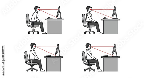 Professional vector illustration depicting proper ergonomic desk sitting posture for correct computer monitor eye level alignment