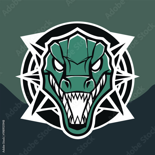Dinosaur Mascot Green Head Logo with Geometric Background