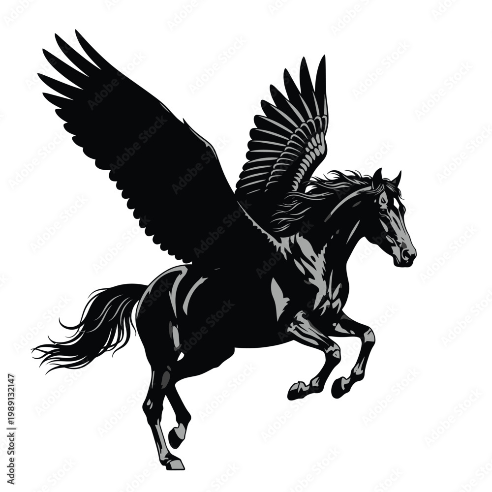 Fototapeta premium Black Pegasus Horse Silhouette Running.