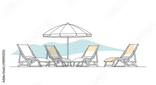 Serene beach scene features four white lounge chairs arranged around a central sun umbrella on a minimalist sandy coastal shore.