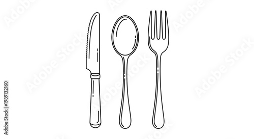 Minimalist line art drawing features a complete set of dining cutlery including a table knife, a large soup spoon, and a dining fork.