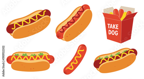 Variety of hot dogs with mustard and ketchup are shown alongside a red cardboard takeout box filled with more fresh sausages.