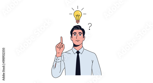 Businessman in a professional shirt and tie has a bright yellow lightbulb and a question mark appearing above his head for a new idea.