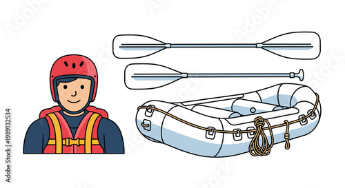 Adventure equipment for white-water rafting includes a durable inflatable boat, two oars, and a person wearing a safety helmet.