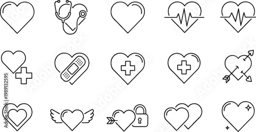 Creative line drawings of hearts symbolizing various themes of love and health