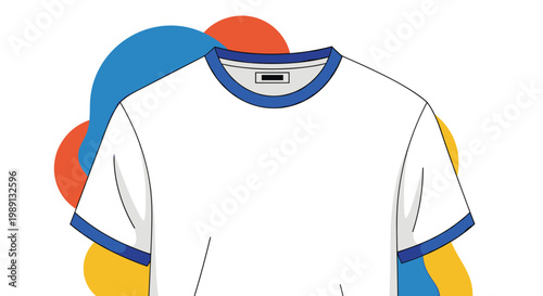 Classic white ringer t-shirt with blue collar and sleeve trim is displayed over a background of colorful abstract graphic shapes.