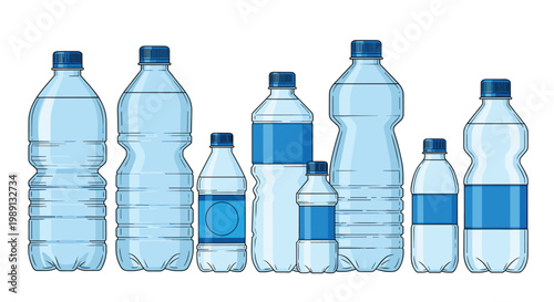 Set of clear plastic water bottles in various sizes and shapes with blue caps and labels are neatly arranged for display.