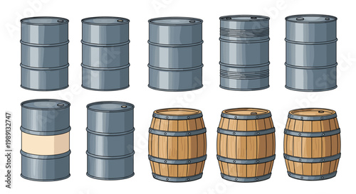 Collection of industrial storage containers includes several large metal oil drums and various traditional wooden wine barrels.