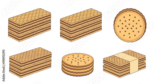 Assorted chocolate wafer cookies and round biscuits are depicted in a charming pixel art style on a plain white background.