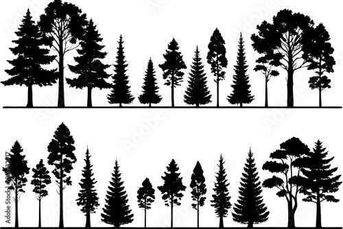 A collection of silhouetted trees primarily conifers displayed across two horizontal rows