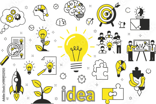 Illustrative depiction of creativity and innovation through various icons and concepts