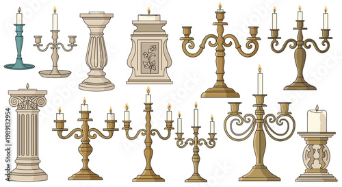Collection of various ornate candle holders and candelabras features some with burning candles in a detailed pixel art design.