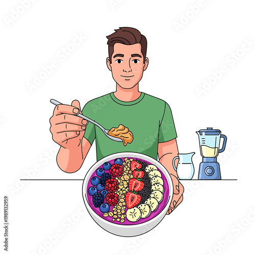 Man eating fruit salad with spoon.