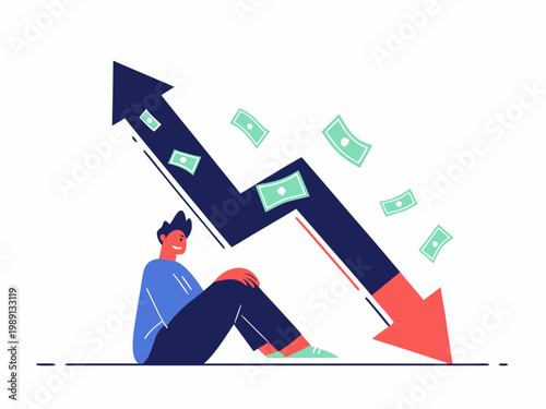 A person sits beneath a graph depicting financial growth and decline symbolizing market volatility