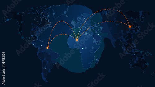 A world map displaying connecting flight paths with glowing points of origin and destination