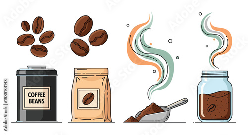 Collection of coffee themes including roasted beans, burlap bags, storage tins, and a jar of ground coffee with aromatic steam swirls.